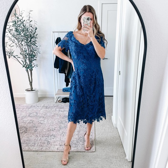 La Femme Midnight Blue Lace Midi Dress - Picture 4 of 14